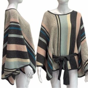French Connection 100% Lambswool Striped Poncho Womens One Size Belted Sweater
